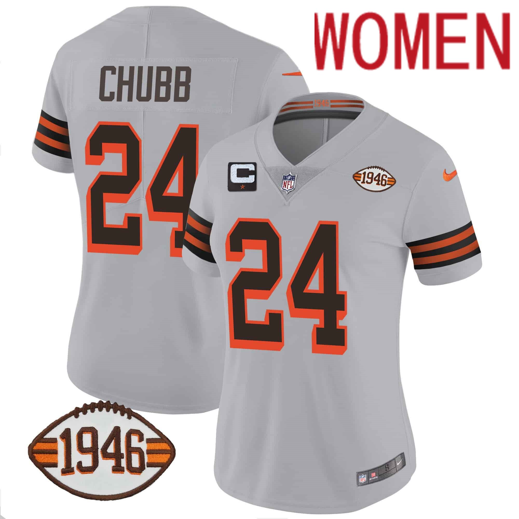 Women Cleveland Browns 24 Chubb Grey 1946 75th Anniversary Patch 2024 Nike NFL Jersey